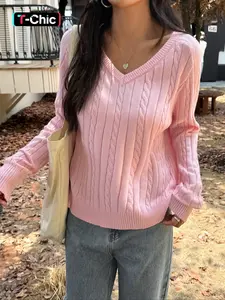 Women's V Neck Long Sleeve Sweater Knitwear, Casual Home Wear, Comfortable Fabric, Perfect for Winter, Knitted Pullover Top