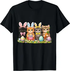 Funny Easter Cats Ears Bunny Eggs T-Shirt for Men Spring Casual Tops Breathable Fabric Family Gathering Holiday Gift - Menswear