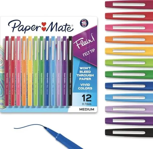 Paper Mate Flair Felt Tip Pens, Medium Point (0.7mm), 12 Count - For Arts & Crafts, Note-Taking, Journaling, School Supplies for Teachers & Students