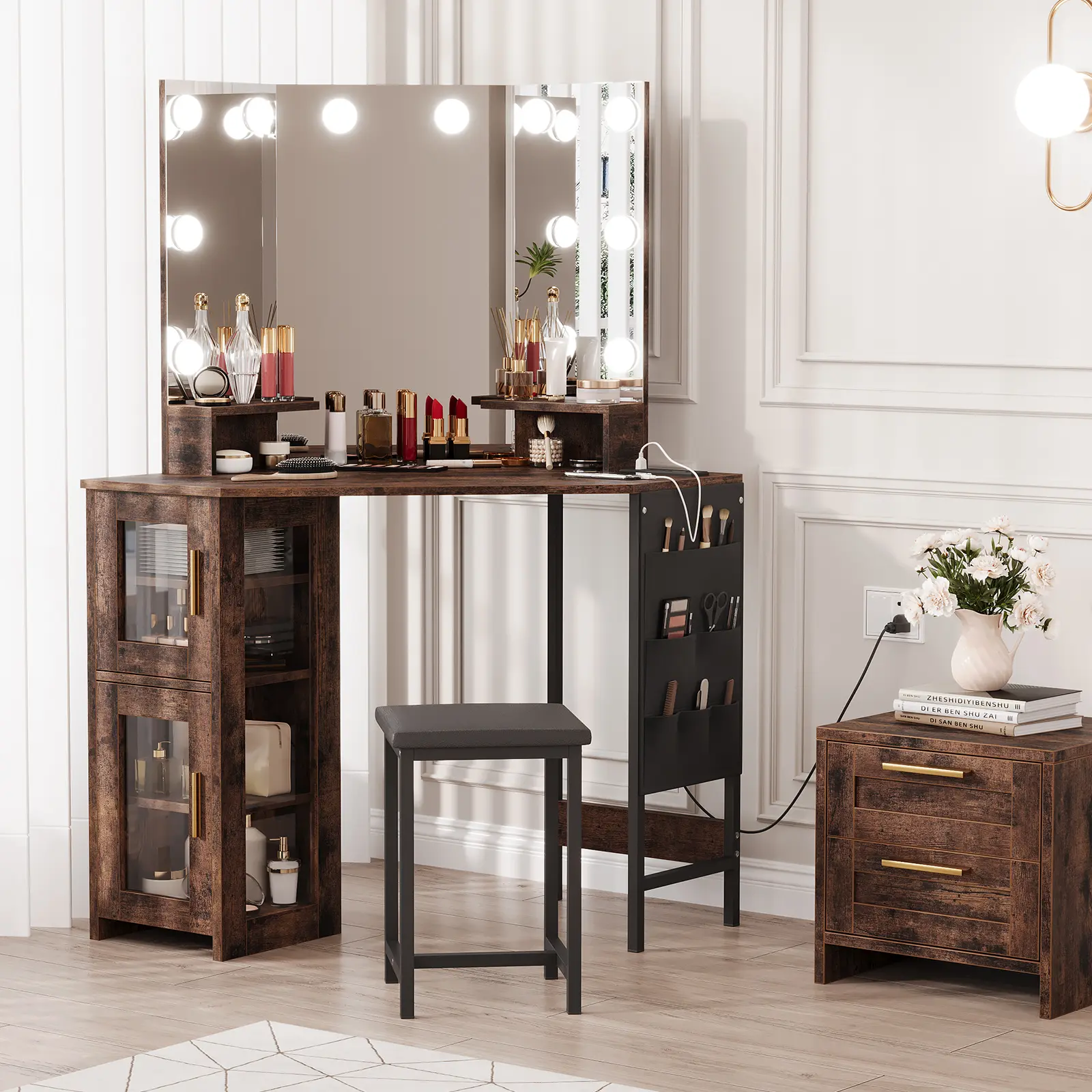 Gaomon Corner Makeup Vanity Desk - Stylish, High-Brightness, Illuminated, Multi-Function, Adjustable Makeup Vanity with LED Lighted Mirror, Charging Station, Storage Cabinets, and Included Stool, Stylish Makeup Vanities, High-Brightness Makeup Vanities