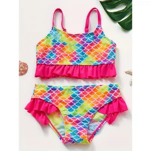 New Girls Swimsuit 3 to |   Random Gradient Fish Scale Pattern, Adjustable Spaghetti Straps, Frill Details - Casual Style