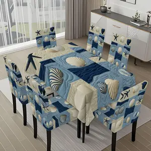 5/7-piece 2D Flat Printing Blue and White Marine Creature Collage Printing Pattern Tablecloth and Chair Cover Set, for dining table and chair decoration, perfect for home, holiday gatherings, restaurants, and parties.