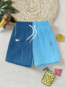 Boys Blue Colorblock 3D Printed Nautical Airplane Shorts, Summer Fashion Outdoor Sports Beach Pants, Breathable Comfortable Kids' Pants