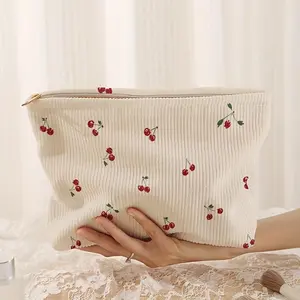 Fashion Cherry Printed Corduroy Makeup Bag Large Capacity Lightweight Zipper Makeup Storage Box Multifunctional Bag with Lining