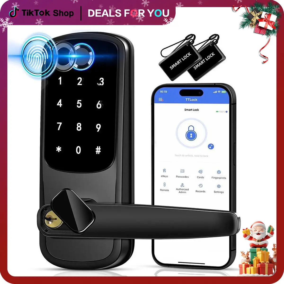 5 in 1 Smart door locking tool,Biometric Door Knobs & App Control, keyless entry door locking tool requiring batteries, with handle (without batteries