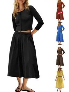 Naeduo Women’s Spring Aesthetic 2‑Piece Knit Set | Slim Fit Cropped Knit Cardigan & 100% Cotton A-Line Midi Skirt | Casual Chic Outfit clothes for Everyday & Work