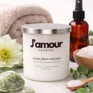 J'Amour Candles: Cactus Flower and Jade 10oz Frosted White Candle