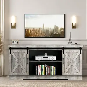 TV Stand, Farmhouse Entertainment Center TV Media Console Table, Tall TV Stand for 65 Inch TV with Barn Doors, Storage and Shelves, Grey Modern TV Console Cabinet Furniture for Living Room
