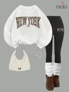 Women's Warm Sweatshirt Set + Slim Fit Flare Pants, Leopard Print Casual, Comfortable Loose-Fit Summer Wear