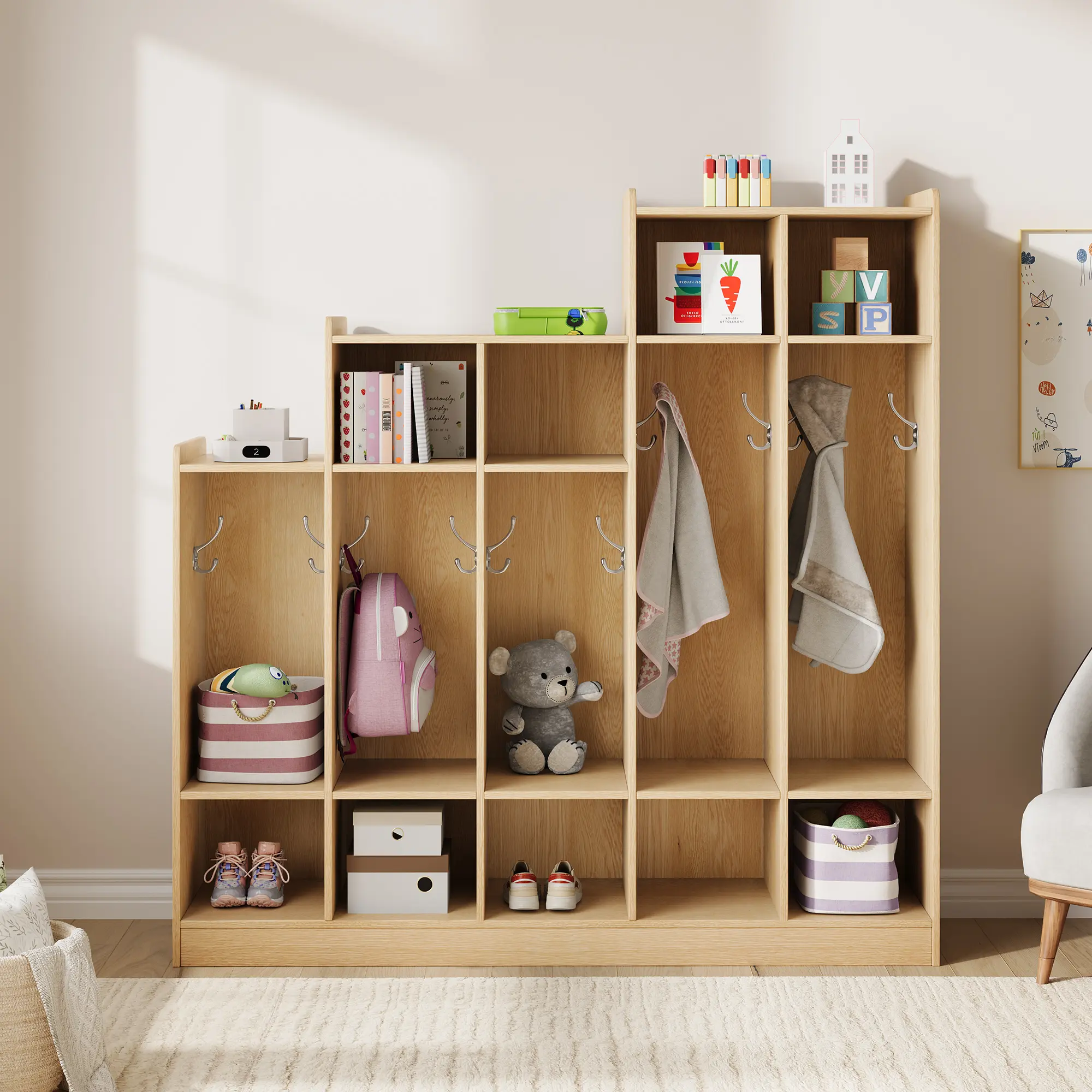5-Section Wooden Kids Coat Locker - 9 Storage Cubbies, 10 Hooks - Organizer for Daycare, Kindergarten, Home, Nursery, School