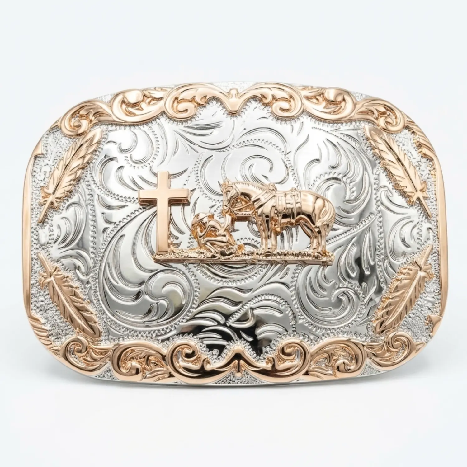 Praying Cowboy Western Belt Buckle – Christian Cross Horse Hebilla Vaquera Rodeo Two Tone Rose Gold Silver Feathers Fits 1.6 Inch Men Belts