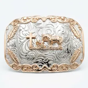 Praying Cowboy Western Belt Buckle – Christian Cross Horse Hebilla Vaquera Rodeo Two Tone Rose Gold Silver Feathers Fits 1.6 Inch Men Belts