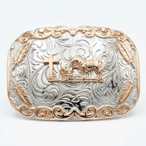 Western Praying Cowboy Belt Buckle for Men & Women - 2-Tone Rose Gold & Silver, Christian Cross Horse & Feather Design, Rodeo Cowboy Hebilla Vaquera, Fits 1.6" Belt Straps