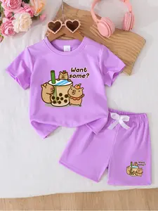 Capybara Girls' Summer 2-Piece Set - Short Sleeve Tee & Shorts Outfit | Soft & Comfortable Everyday Playwear for School, Parties & Outdoor Activities | Multi-Color Options, Ideal Holiday & Birthday Gift