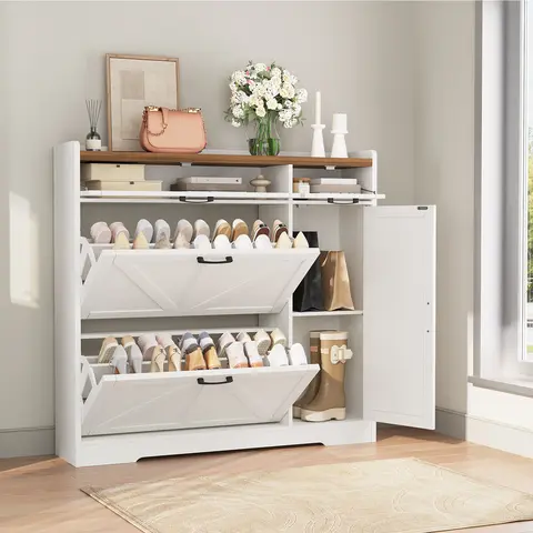 HOOBRO Modern Farmhouse Particleboard Shoe Rack Organizer - Freestanding Entryway/Coatroom Unit with 2 Flip-Down Drawers, Narrow Design, Adjustable Dividers for Multi-Part Organized Storage, White & Walnut#springtok, Multi-Part Shoe Storage