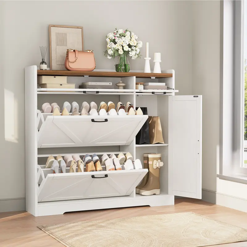 HOOBRO Modern Farmhouse Particleboard Shoe Rack Organizer - Freestanding Entryway/Coatroom Unit with 2 Flip-Down Drawers, Narrow Design, Adjustable Dividers for Multi-Part Organized Storage, White & Walnut#springtok, Multi-Part Shoe Storage,home decor
