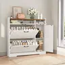HOOBRO Modern Farmhouse Particleboard Shoe Rack Organizer - Freestanding Entryway/Coatroom Unit with 2 Flip-Down Drawers, Narrow Design, Adjustable Dividers for Multi-Part Organized Storage, White & Walnut#springtok, Multi-Part Shoe Storage