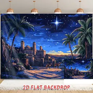 1pc Nativity Backdrop Bethlehem Desert Night Scene Palm Trees Camels Starry Sky Design Large Polyester Banner for Wedding Birthday Christmas Baptism Celebration Religious Event