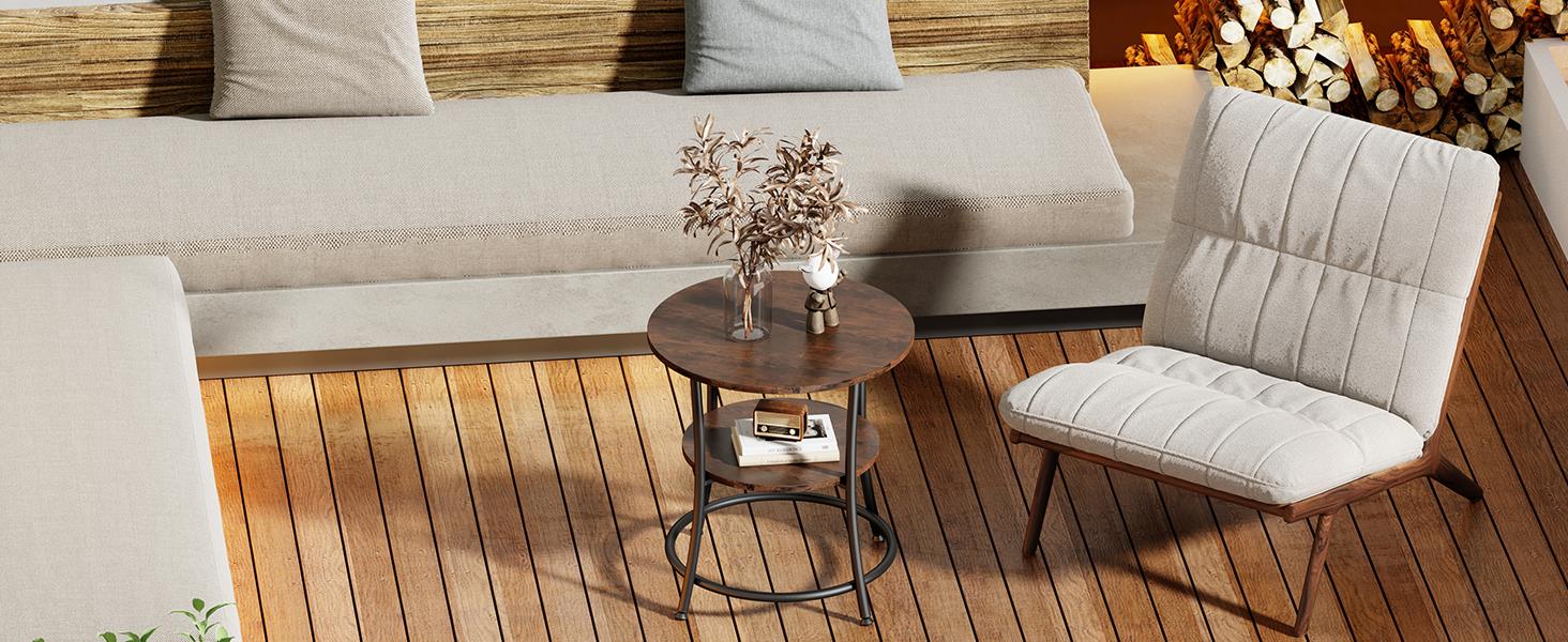 2-Tier Side Round Table for Living Room, Accent End Table with Storage Shelf,Sturdy Metal Frame Nightstand for Small Space, Round Bedside