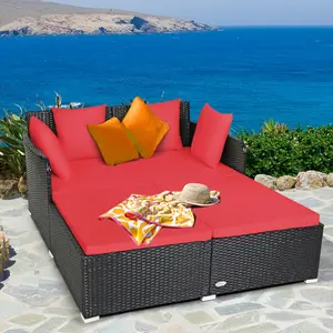 COSTWAY Patio Rattan Daybed, Patiojoy Outdoor Sunbed with Spacious Seat, Upholstered Cushion & High-Resilience Sponge, Wicker Patio Sofa Set with Extra Pillows for Poolside, Porch, Backyard