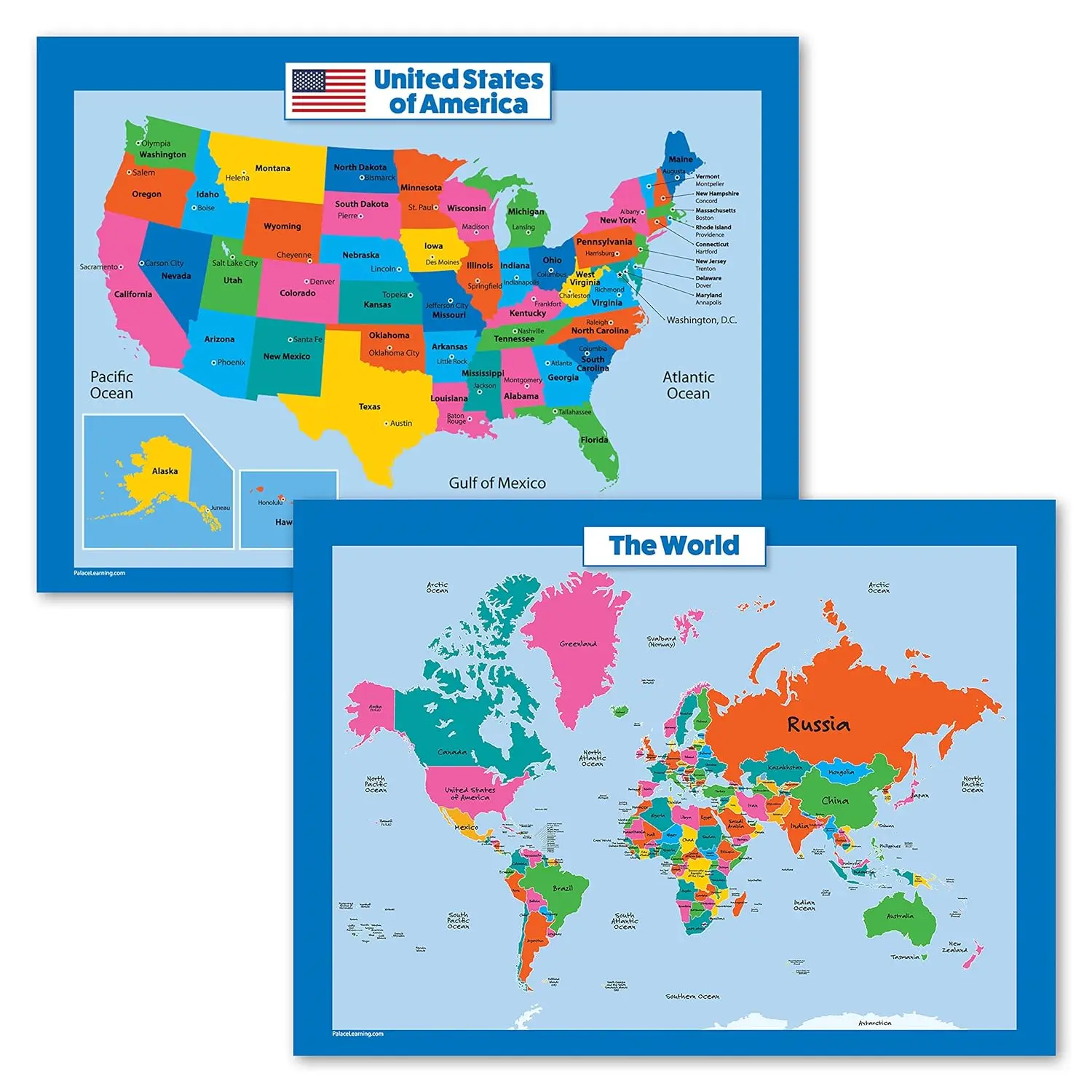World Map and  Map for  - 2 Poster Set - LAMINATED - Wall Chart Poster of the  and the World (18 x 24)