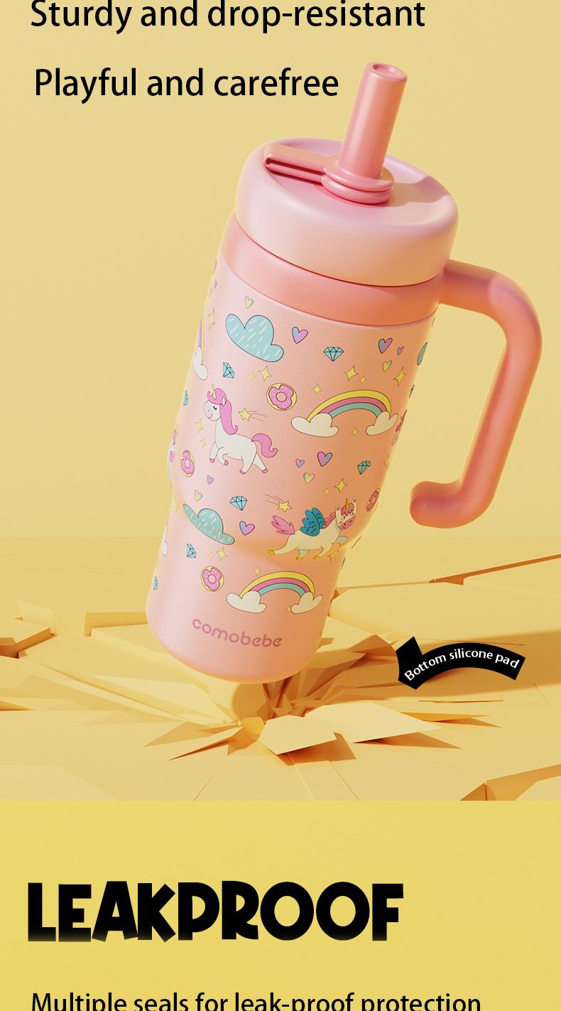 【COMOBEBE】24oz Stainless Steel Whale Fountain Tumbler with Handle – Two Lids, Spill-Proof, Dishwasher Safe, Cute & Perfect for Teens, and Adults Water Bottles Sturdy Drinkware Flasks