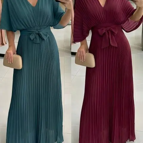 VVZ 2026 Women's Green Dress Elegant Pleated Maxi Dress V Neck Flutter Sleeve Cocktail Party Evening Gown Flowy Wedding Guest Prom Dress Womenswear
