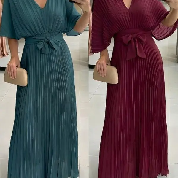 VVZ 2026 Women's Green Dress Elegant Pleated Maxi Dress V Neck Flutter Sleeve Cocktail Party Evening Gown Flowy Wedding Guest Prom Dress Womenswear