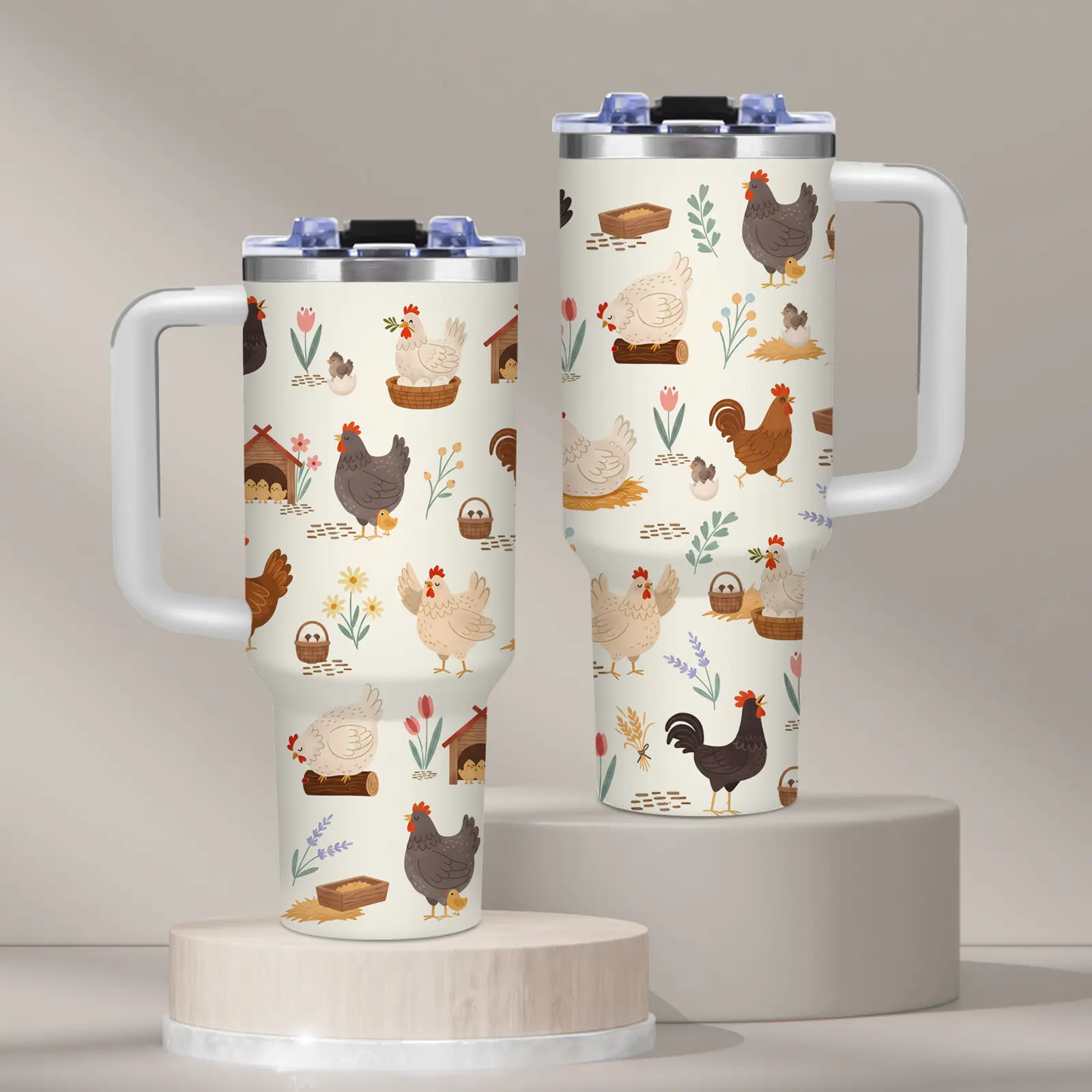 40oz Stainless Steel Vacuum Insulated Floral Chicken & Rooster Tumbler with Handle, Lid - Farmhouse Rustic Design, Portable Reusable Iced Coffee Flask for Home, Beach - Mother's Day/Birthdays Gift for Women