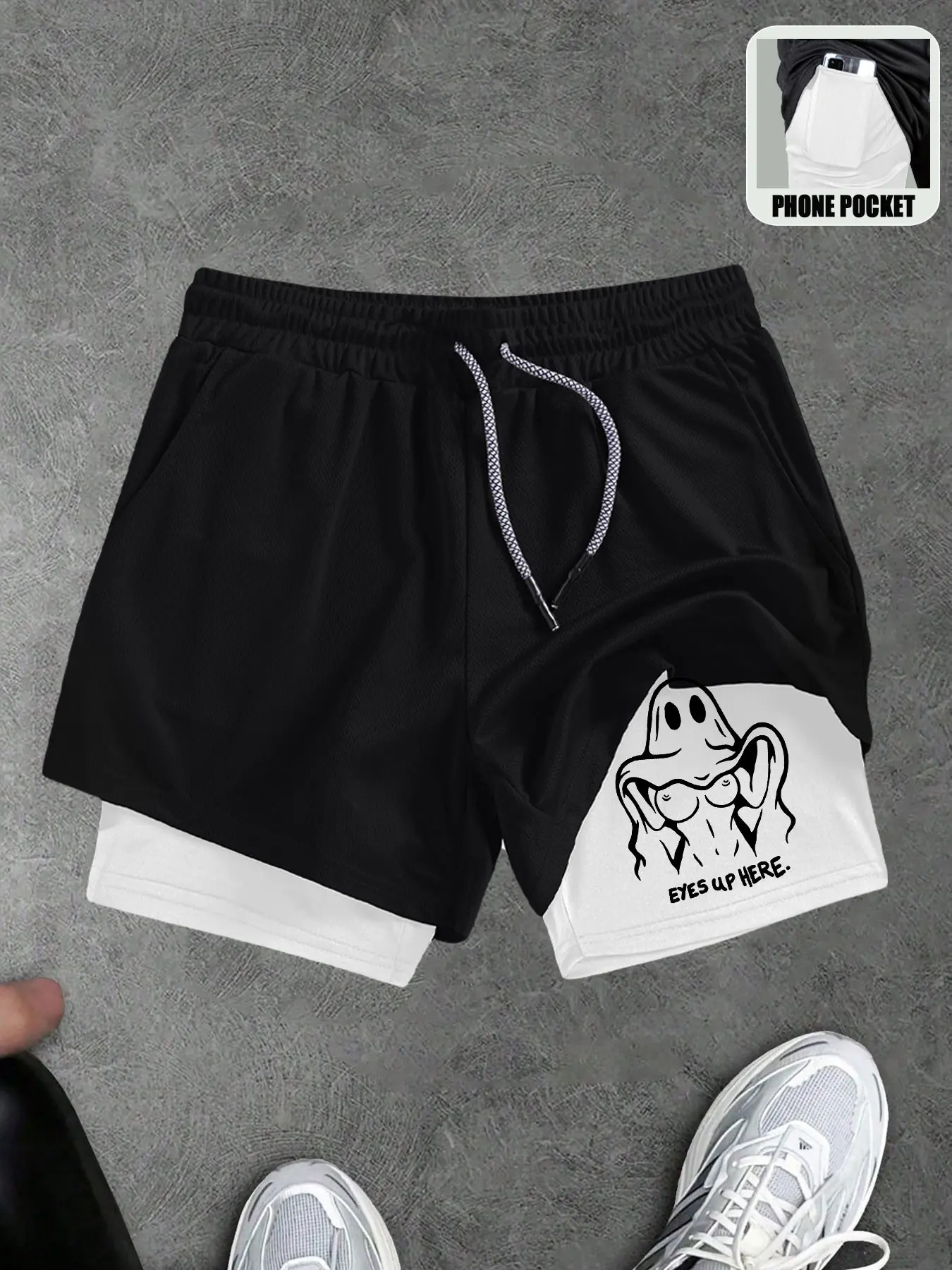 Ghost Print 2 In 1 Running Elastic Sporty Shorts, Dual Layer Shorts, Men's Sports Casual Street Style Beach Shorts Drawstring Waist Double Layer Shorts