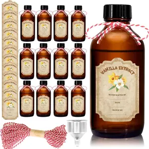 12 Pack 2 Ounce Amber Glass Bottle with Lids Vanilla Extract Homemade Brown Bottle 2 oz and 12Pcs Vanilla Extract Stickers for Syrup Gift Glass