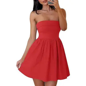 ZESICA Women's Summer Strapless Mini Dress 2026 Casual Off Shoulder A Line Swing Boho Beach Vacation Party Short Dresses