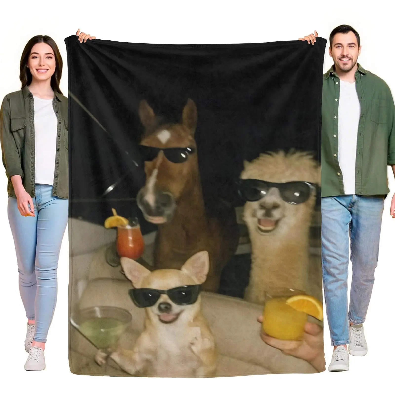 Flannel Throw Blanket, Night Party Cool Animals Horse Alpaca Chihuahua Sunglasses Cocktail Meme Print Blanket, Ultra Soft Flannel Blanket for Leisure Room, Funny Party Animal Graphic Throw