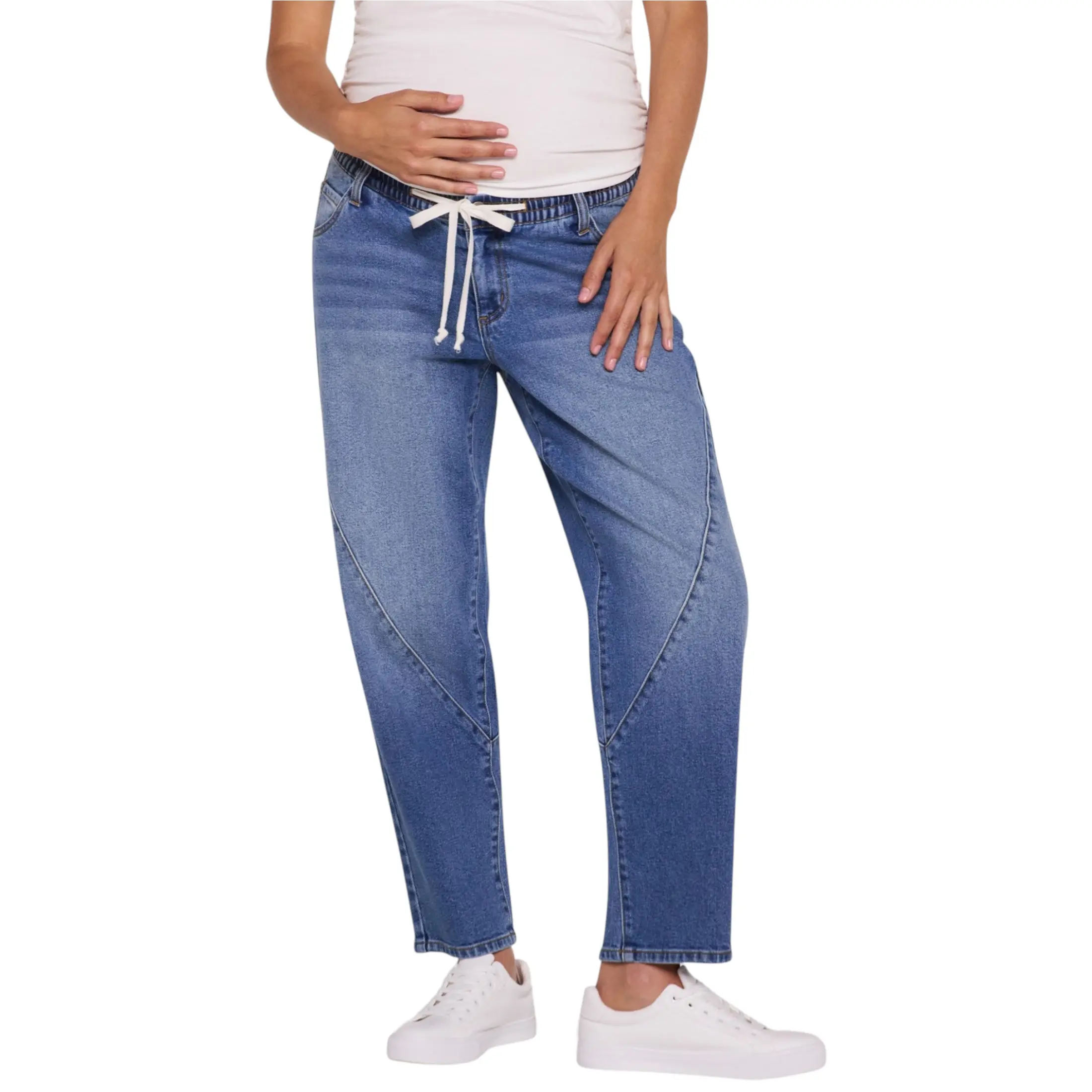 Motherhood Maternity Women's Under the Belly Drawstring Pull-On Barrel Leg Maternity Jeans - Trendy & Comfortable Pregnancy Pants