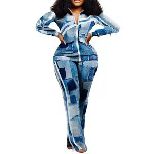 Acelyn Outfits Womens Two Piece Outfits Zipper Up Pattern Print Long Sleeve Jogging Weat Suits Matching Jogger Long Pants Set