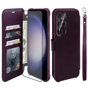 Vanavagy Wallet Case for Galaxy S25/S24/Plus/Ultra with RFID Flip Card Holder,[Glass Glass Screen Protectorss & Camera Lens Protector] Leather Wrist Strap Supports Wireless Charging Case