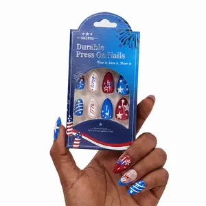 32Pcs 4th of July Press on Nails Short Square French Tip Fake Nails Independence False Nails with American Flag Star Glitter Design Acrylic Day Glue on Nails DIY for Women Decoration