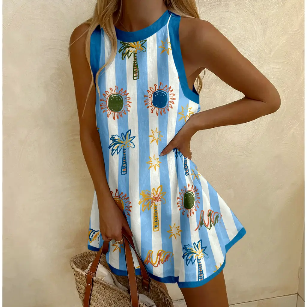 Women's Breathable Polyester Sleeveless A-Line Mini Dress - Striped, Tropical Clothing with Palm Tree, Sun & Plant Prints - Ideal for Beach Getaways, Casual Parties - Matching Bag & Accessories Included, Plants
