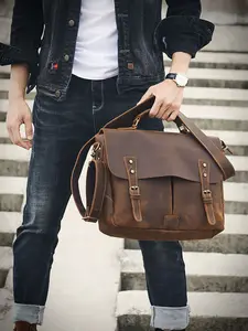 Vintage Genuine Leather Men's Briefcase Laptop Messenger Bag Crazy Horse Leather Handbag Cowhide Retro Casual Style