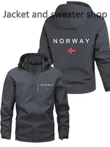 Men's Lightweight Polyester Fashion Hooded Jacket, Norway Print, Full Zipper Front, Casual Outdoor Spring Fall Summer Coat