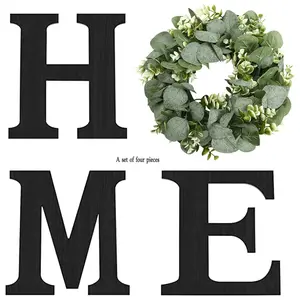 Rustic Wood Home Sign with Artificial Eucalyptus Wreath - Black Farmhouse Hanging Wall Decor for Entryway, Kitchen
