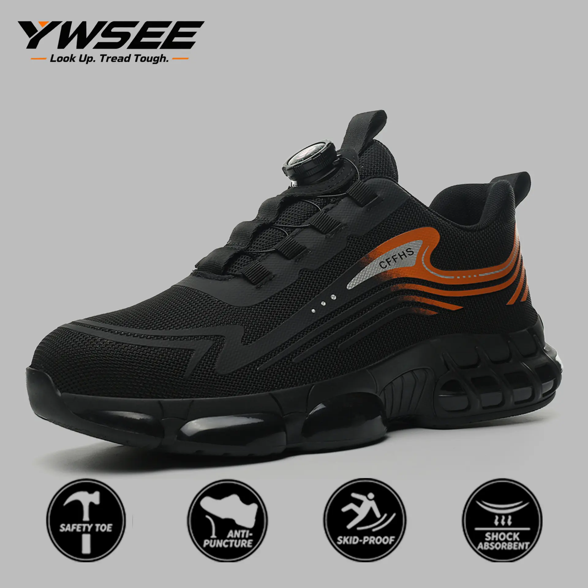YWSEE Men's Steel Toe Safety Shoes Lightweight Mesh Work Sneakers Puncture-Proof Non-Slip Rotating Buckle Athletic Construction Footwear