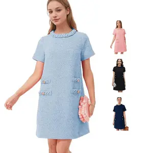 Elegant Tweed Dress Short Sleeve Crew Neck A-line Dress Mini Skirt Casual Soft Party Business Dresses