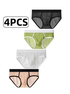 Men's Cool Transparent Shiny Sequins Sexy Mesh Mid-Waist Thongs, Breathable Sweat-Proof Underwear,cooling, 4 Pack, All Seasons, Fitted Style