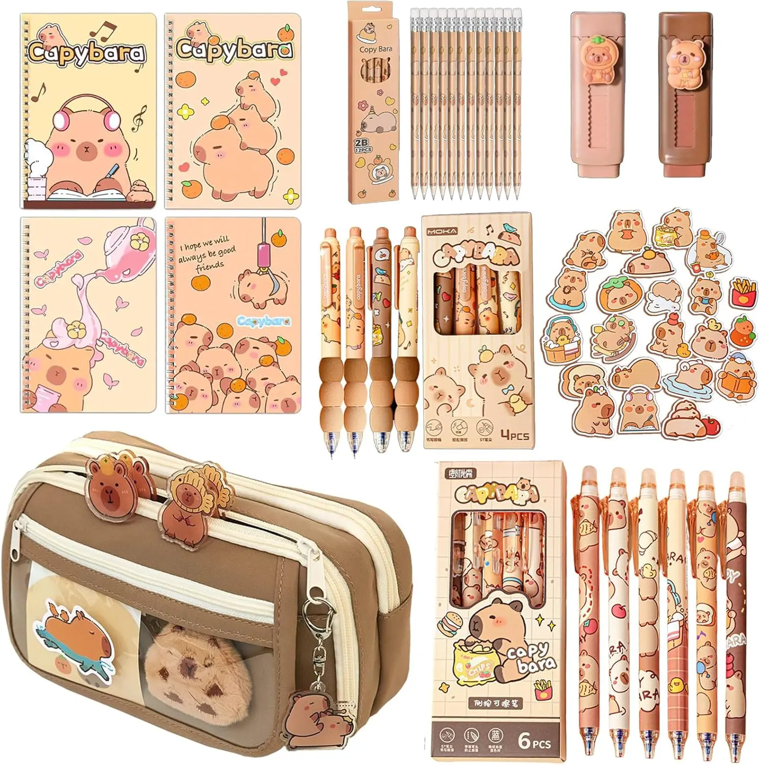 Cute Capybara Stationery Set Large Pencil Case, 4 A5 Spiral Notebooks, 10 Ballpoint Pens (2 Styles), 12 Pencils, 2 Erasers Perfect Back to School Essentials and Birthday Gift for Kids (Capybara)