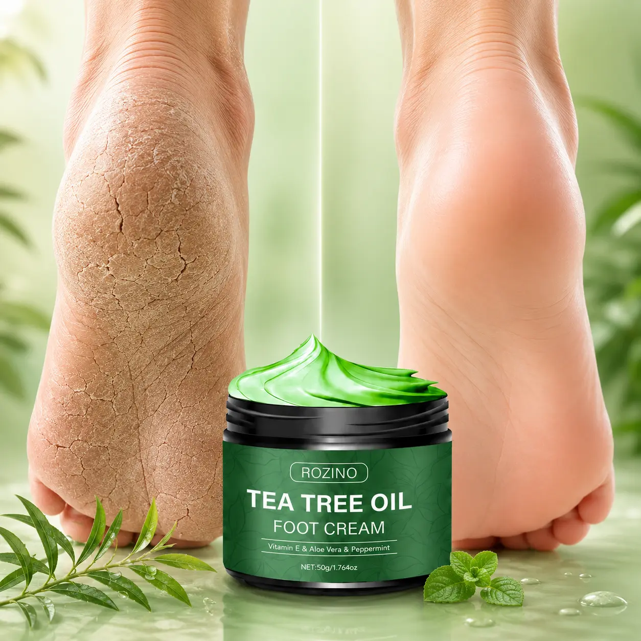 ROZINO Tea Tree Oil Foot Cream, Hydrating Moisturizer for Dry Cracked Heels, Rough Feet & Calluses, Softening Foot Care Cream for Hands, Elbows and Knees, 50g