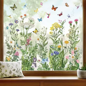 Spring Summer Wild Flowers Window Clings Vintage Wildfloral Butterflies Glass Sticker Decal Anti Collision Double-Side Static Window Stickers for Home Glass Window