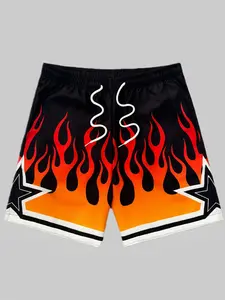 Men's Flame Pattern Basketball Shorts, Athletic Shorts - Black, Orange, and Red Fireproof Design, Elastic Belt, Polyester Material, Sporty Style, Sportswear, Dynamic Appearance Shorts, Beach Shorts, Active Shorts