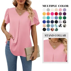 Funlingo Women's Summer Tops Short Sleeve Dressy Chiffon Blouses V Neck Work Tunic Tops Casual Loose T-Shirts