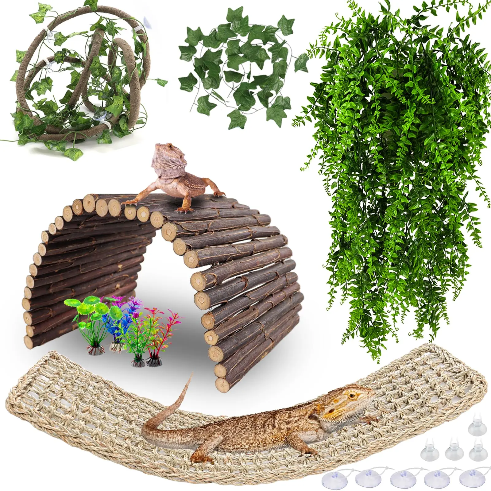 Large Flexible Reptile Hammock - Classic Reptile Tank Decoration with 1 Bendable Bridge, Vines, Leaves, Suction Cups, Natural Wood, Waterproof, No Excess Bulk, Natural Hideaway for Secure Resting, Bearded Dragons